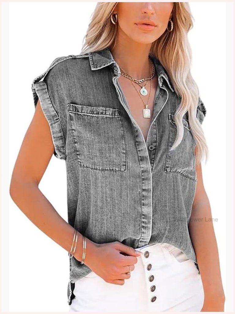 Sleeveless Denim Button Down Shirt With Pockets
